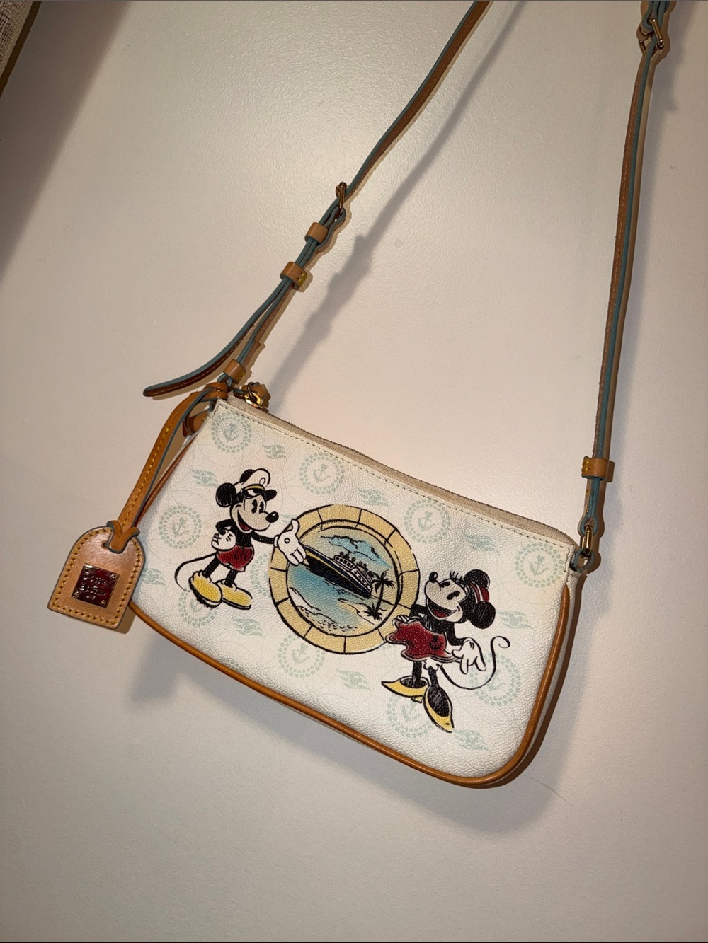Dooney & Bourke DISNEY White Canvas Mickey & Minnie Crossbody with Tan Trim